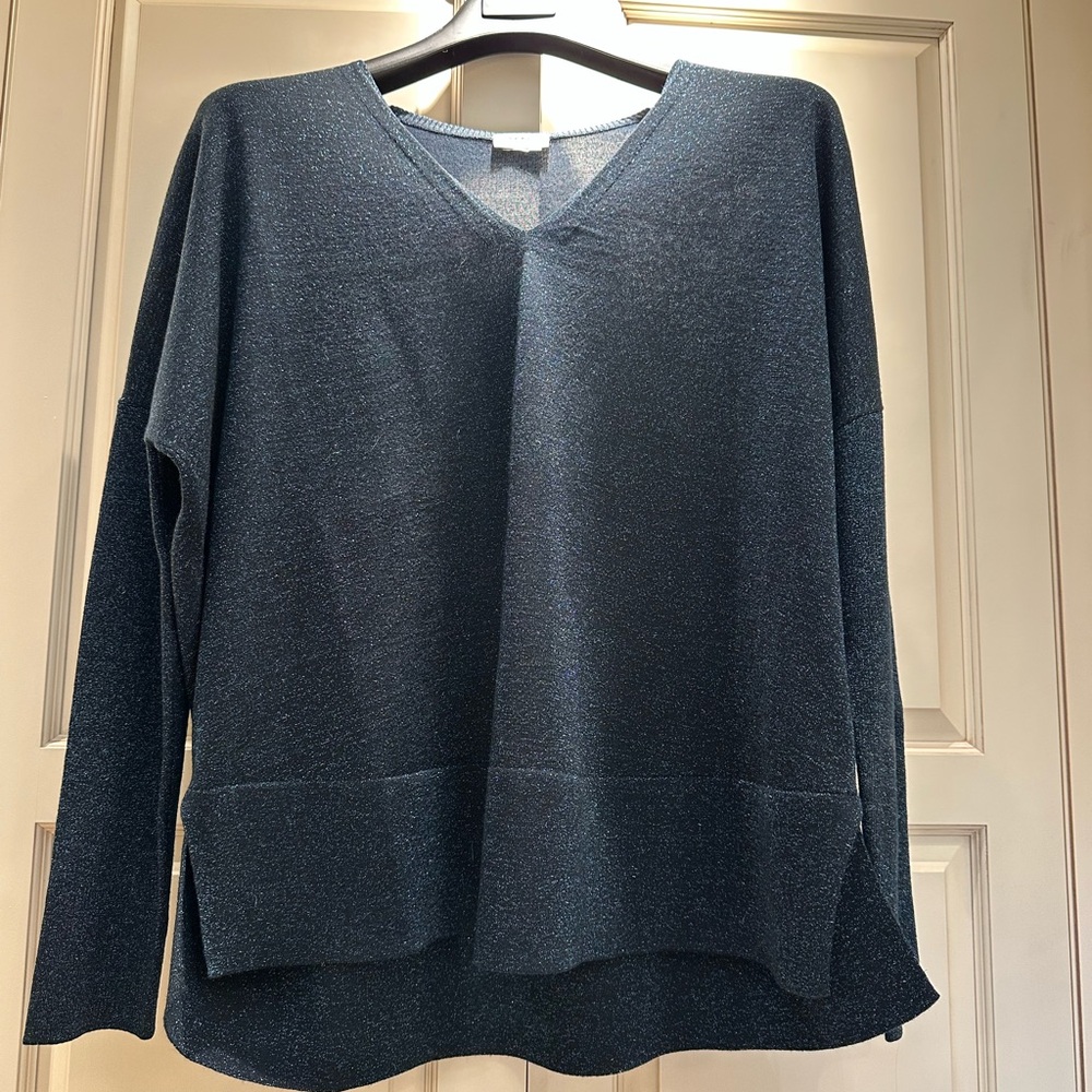 Akris Punto NIght Sky Glittery Drop Shoulder Navy V-Neck Sweater